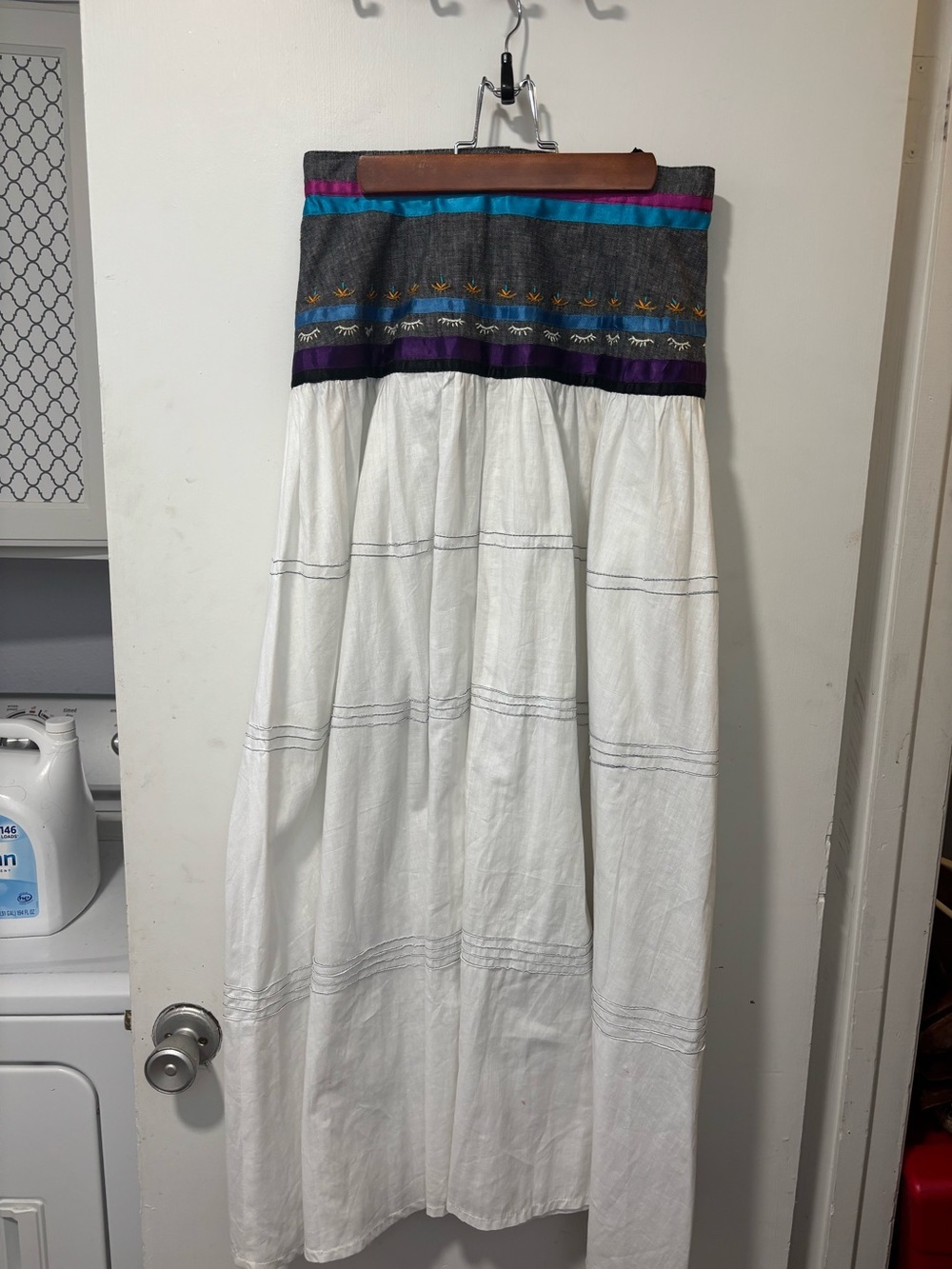 Vintage Irene Pulos Hand Embroidered Cotton Full Maxi Mexican Skirt Size L